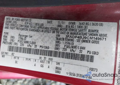 2012 Ford Fiesta Se from USA, damaged, VIN 3FADP4BJ9CM149671